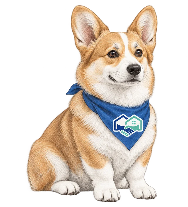 Homie, the HomeHandoff corgi, sitting