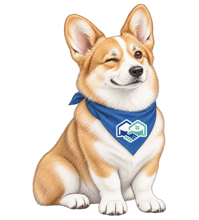 Homie, the HomeHandoff corgi, winking