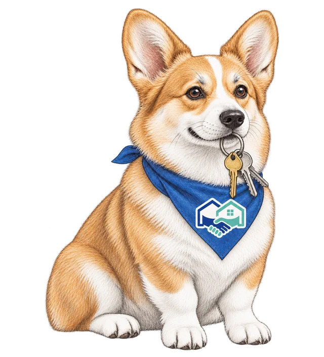 Homie, the HomeHandoff corgi, holding house keys