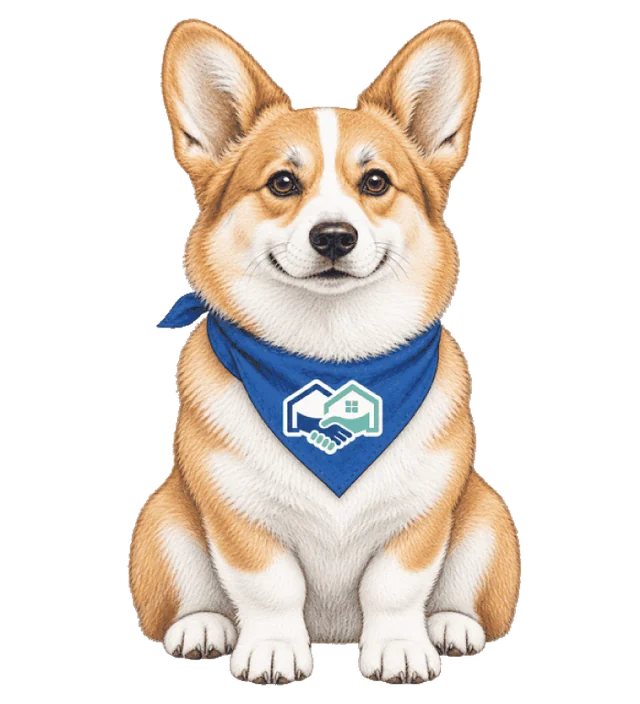 Homie the corgi sitting and looking at the camera