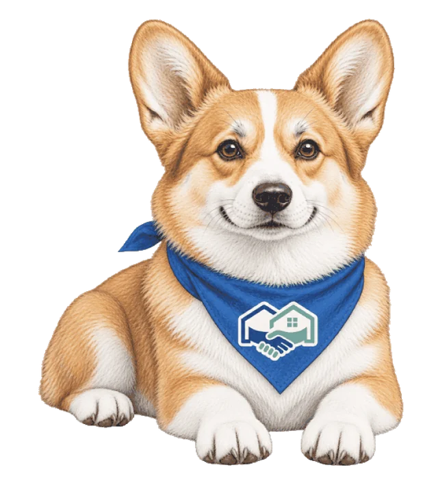 Homie, the HomeHandoff corgi, lying down and looking at you