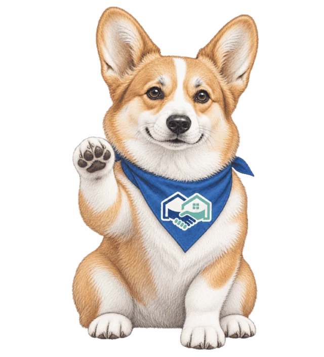 Homie, the HomeHandoff corgi, raising a paw hello