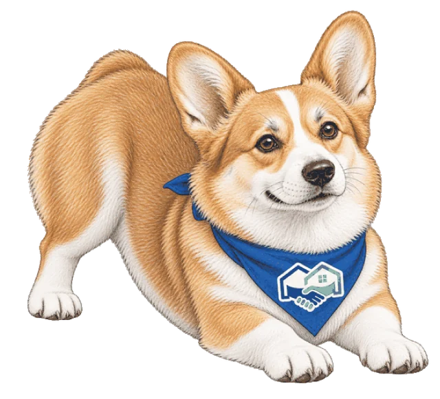 Homie, the HomeHandoff corgi, in a play bow